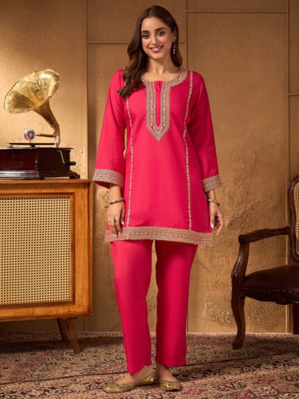 Pink Silk Blend Embroidered A-Line Cord Set