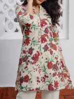 Cream Pure Cotton Floral Printed Straight Short Kurti - Image 3