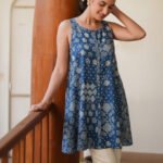 Teal Blue Pure Cotton Bandhani Printed A-Line Short Kurti