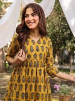 Mustard Pure Cotton Floral Printed A-Line Short Kurti - Style 03919 - Image 2