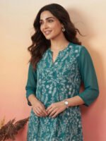 Teal Green Georgette Floral Rubber Print A-Line Short Kurti