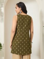 Olive Green Linen Cotton Foil Ethnic Motifs Print A-Line Short Kurti - Image 3