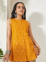 Mustard Linen Cotton Foil Print A-Line Short Kurti